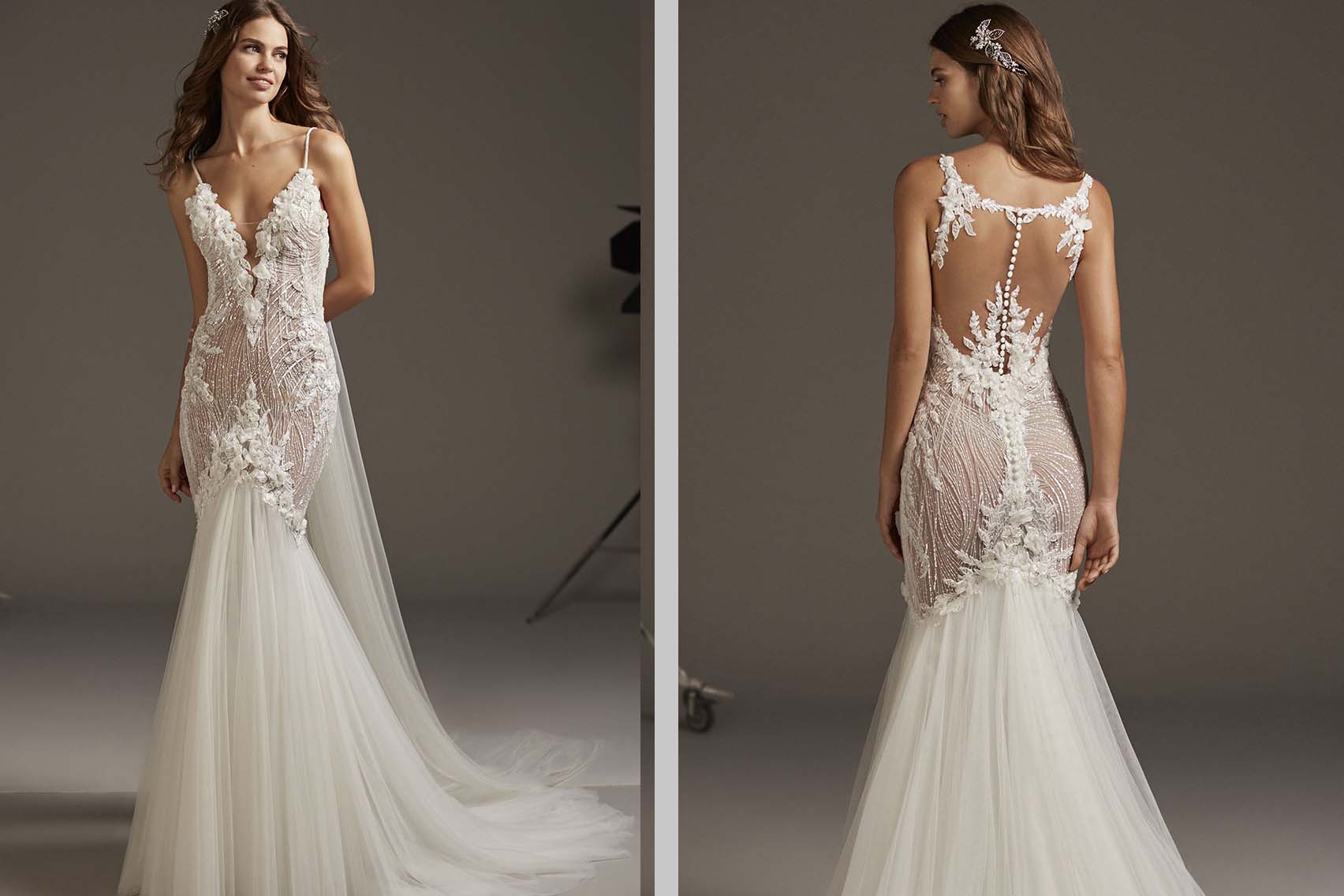 Due abiti a sirena con trasparenze e tulle vista fronte e retro Pronovias 2020